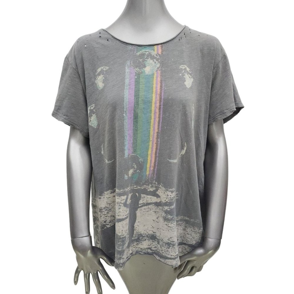 Magnolia Pearl Rainbow Surfer Beachy Distressed Grey Shirt Top OS